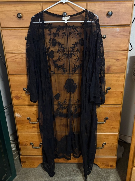Dizzy Gal Other - Sheer Black Floral Embroidered Swim Coverup Kimono